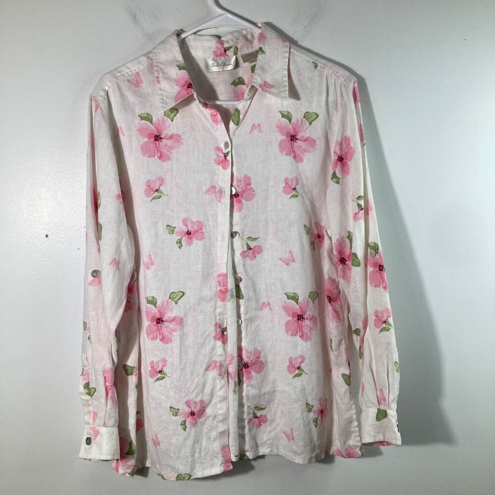 Womens Studio Works Linen Floral Shirt Long Sleeve M White Pink Linen